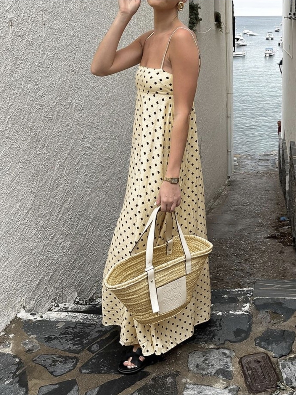 Commense Cream Maxi Dress with Black Polka Dots
